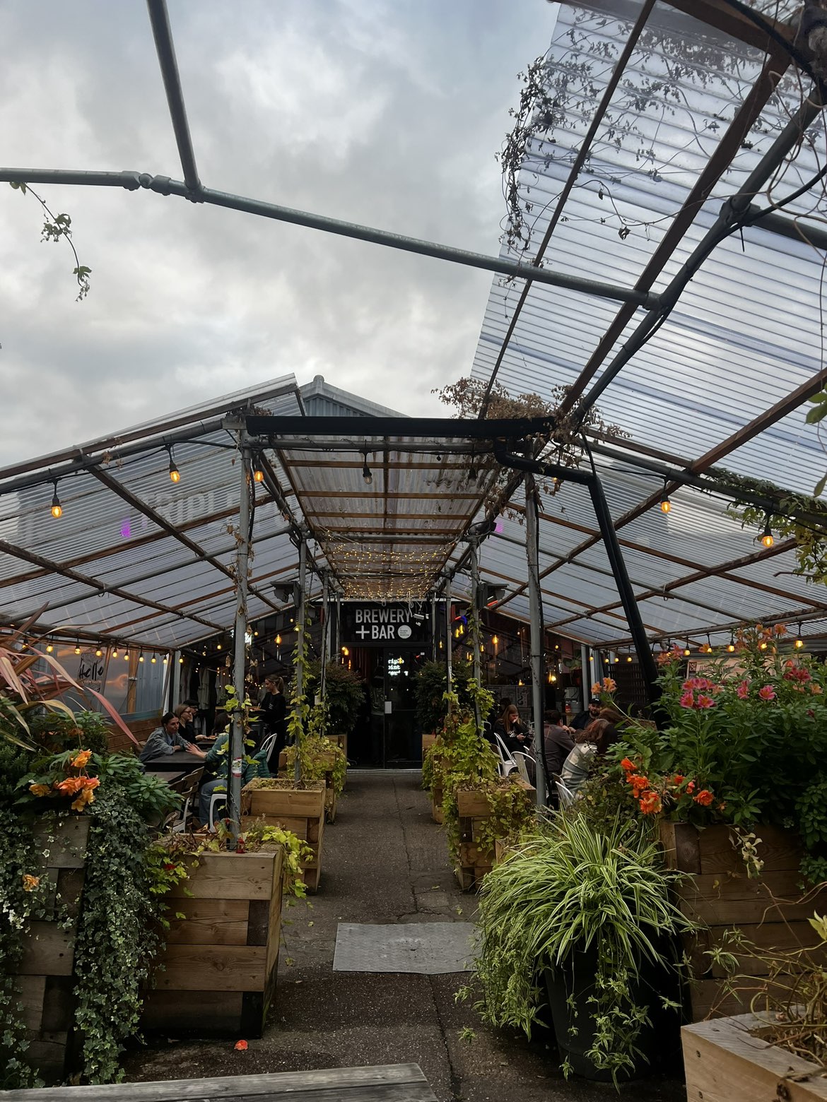 The image shows the front face of the outside of a brewery, with a path leading to its entrance, which is lined by a number of plants.