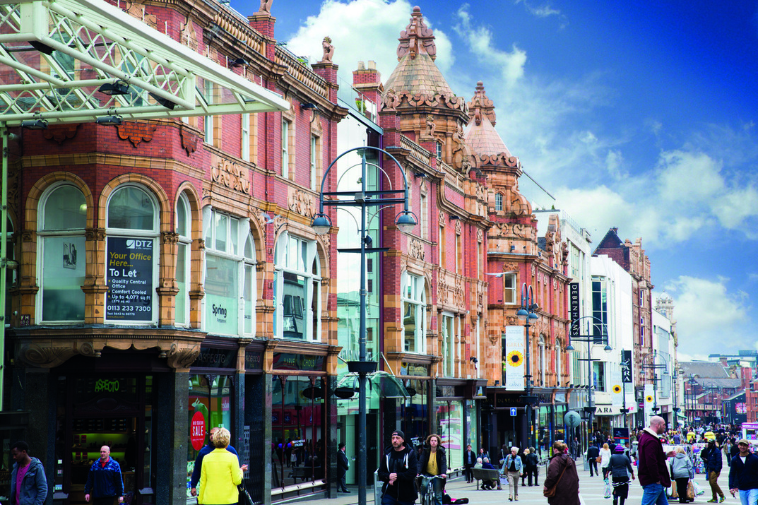 A photo of shops in Briggate, Leeds
