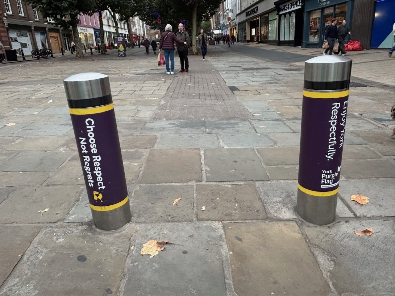 A pair of bollards block vehicle access to Parliament Street in York