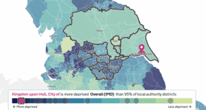 A map of Yorkshire and the Humber region, colour-coded to show the most and least deprived areas - Hull and Bradford are among the most deprived