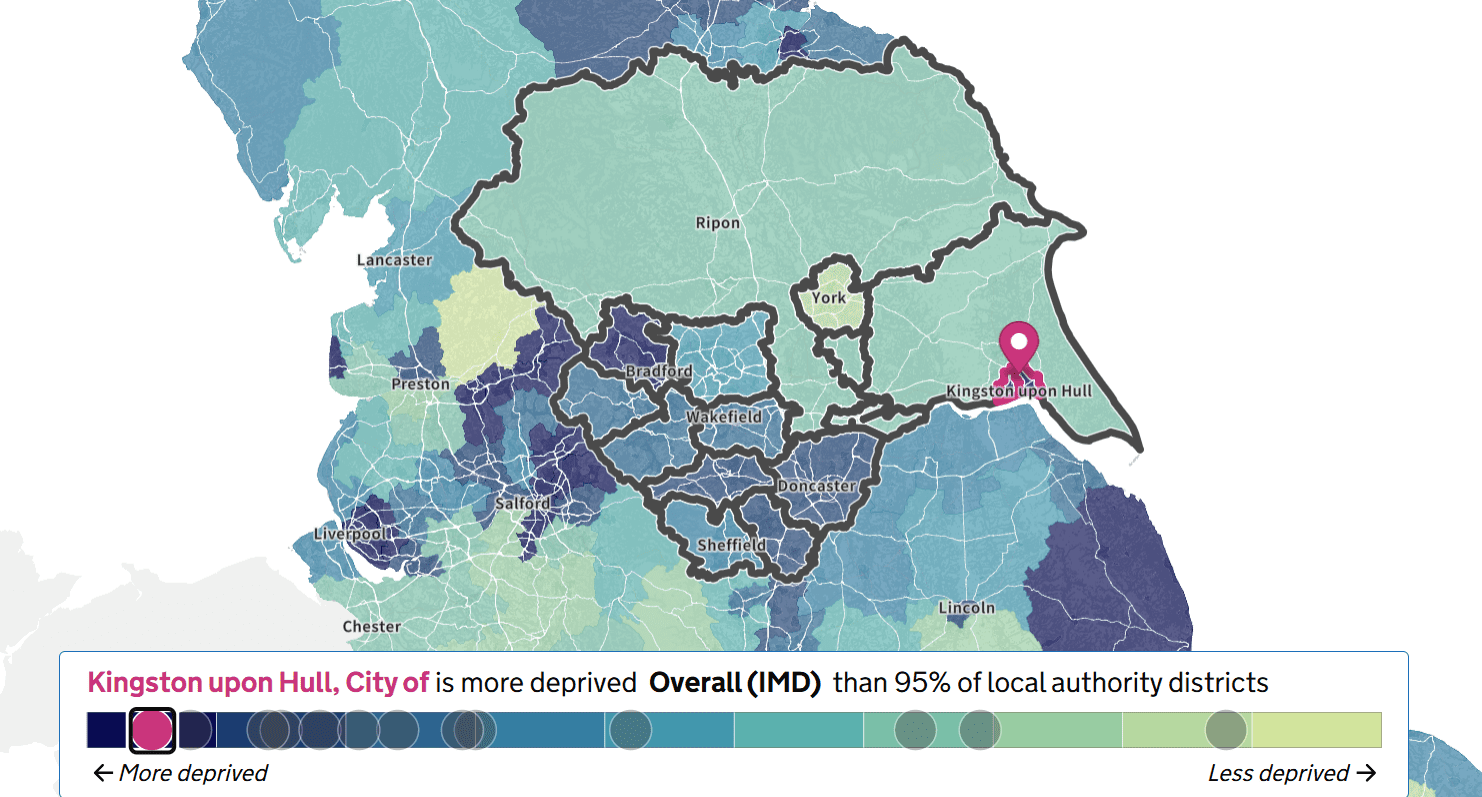 Screenshot 2025-10-30 161432 A map of Yorkshire and the Humber region, colour-coded to show the most and least deprived areas - Hull and Bradford are among the most deprived