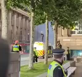 Police van set on fire amidst pro-Palestine demo 