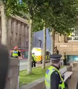 Police van set on fire amidst pro-Palestine demo 