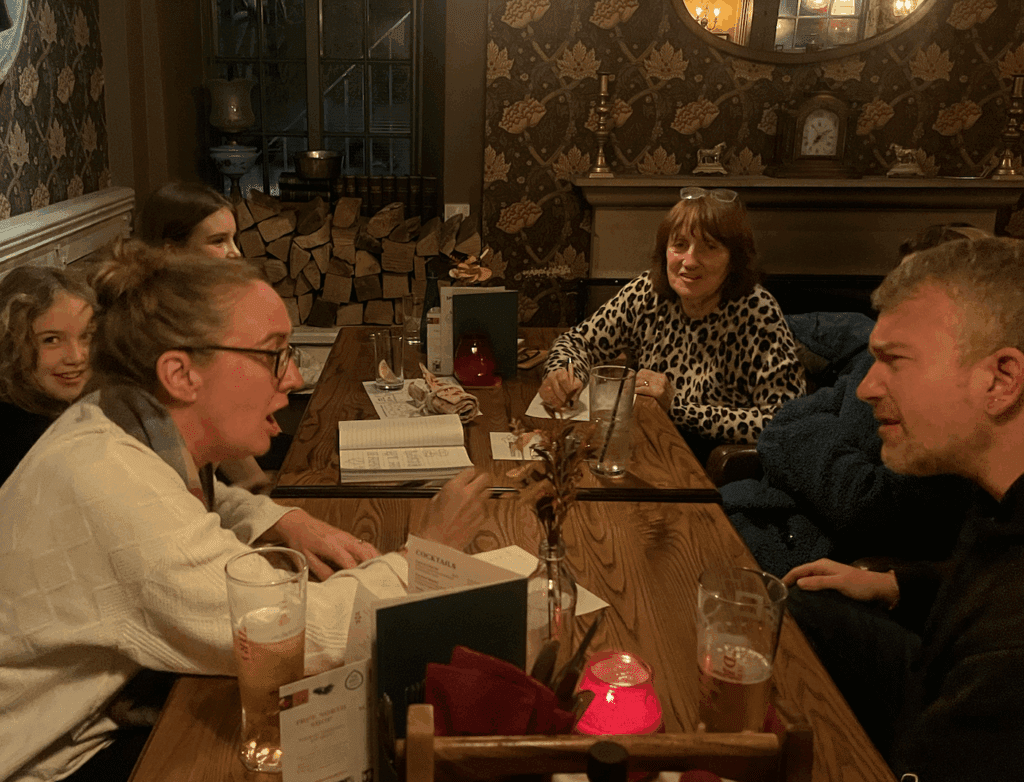 Family debating questions at table