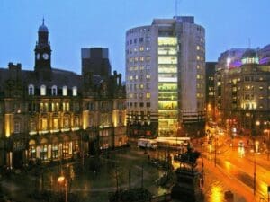 A view of Leeds city centre in the evening
