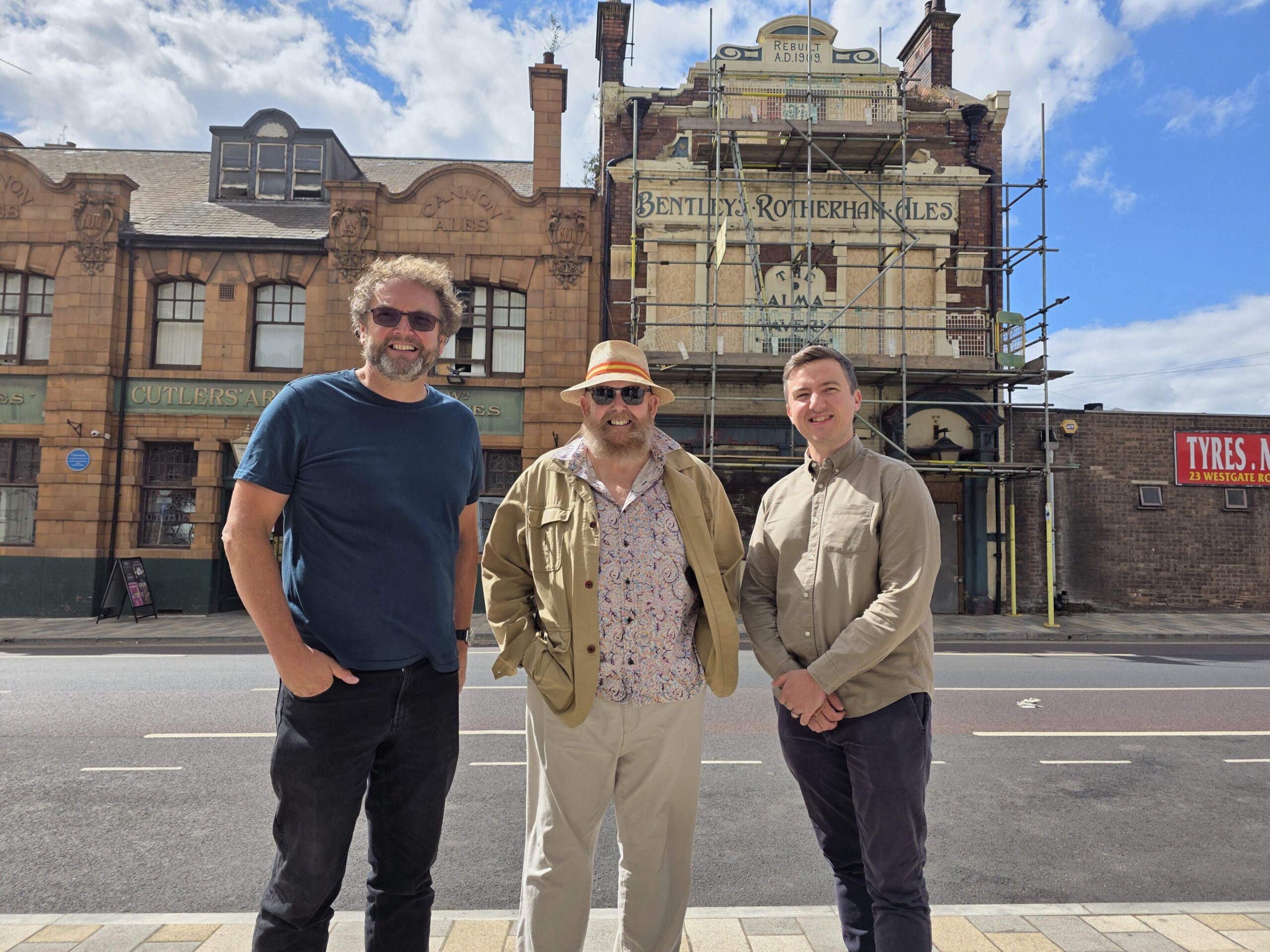 Alma Tavern, Rotherham Three men, the directors of Chantry Brewery, stand outside the historic front of the Alma Pub, with Bentley's Rotherham Ales, and The Alma Tavern seen on the facade