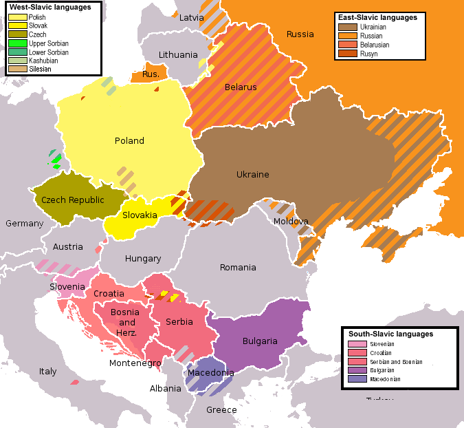 The countries where Slavic languages are spoken in Europe.