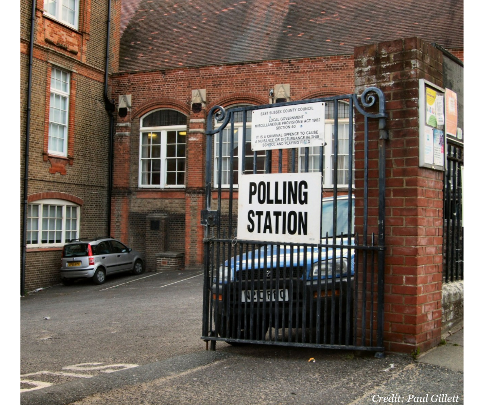 Picture of a sign that reads 'polling station' outside a building