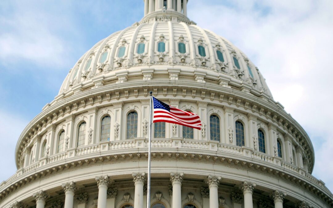 An American flag flying in front of the United States Capitol, Washington, D.C.