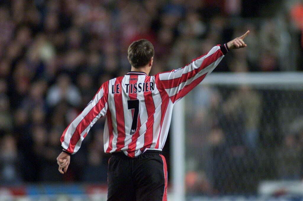 Matt Le Tissier pointing to the right - where he usually likes to kick the ball in a penalty. 